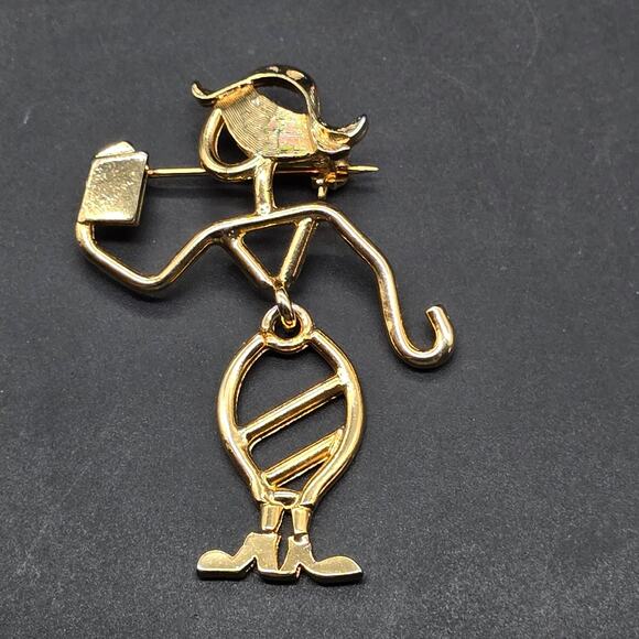 KK/ED Signed Book Lover Brooch Stick Figure Lady Reading Book Gold Tone - Picture 8 of 8